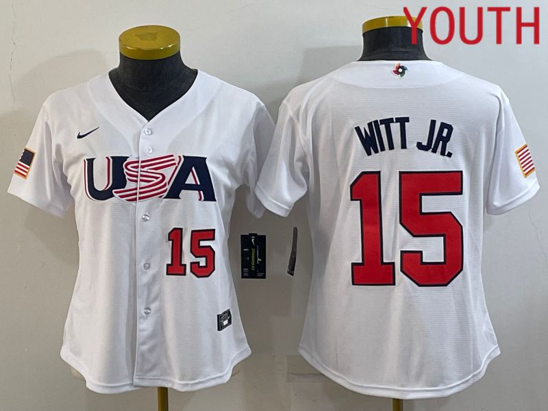 Youth 2023 World Cub USA #15 Witt jr White MLB Jersey5->youth mlb jersey->Youth Jersey